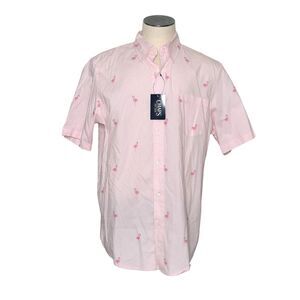 Chaps XL Men's Button Front Short Sleeve Shirt Flamingo Beach Tropical Golf Pink